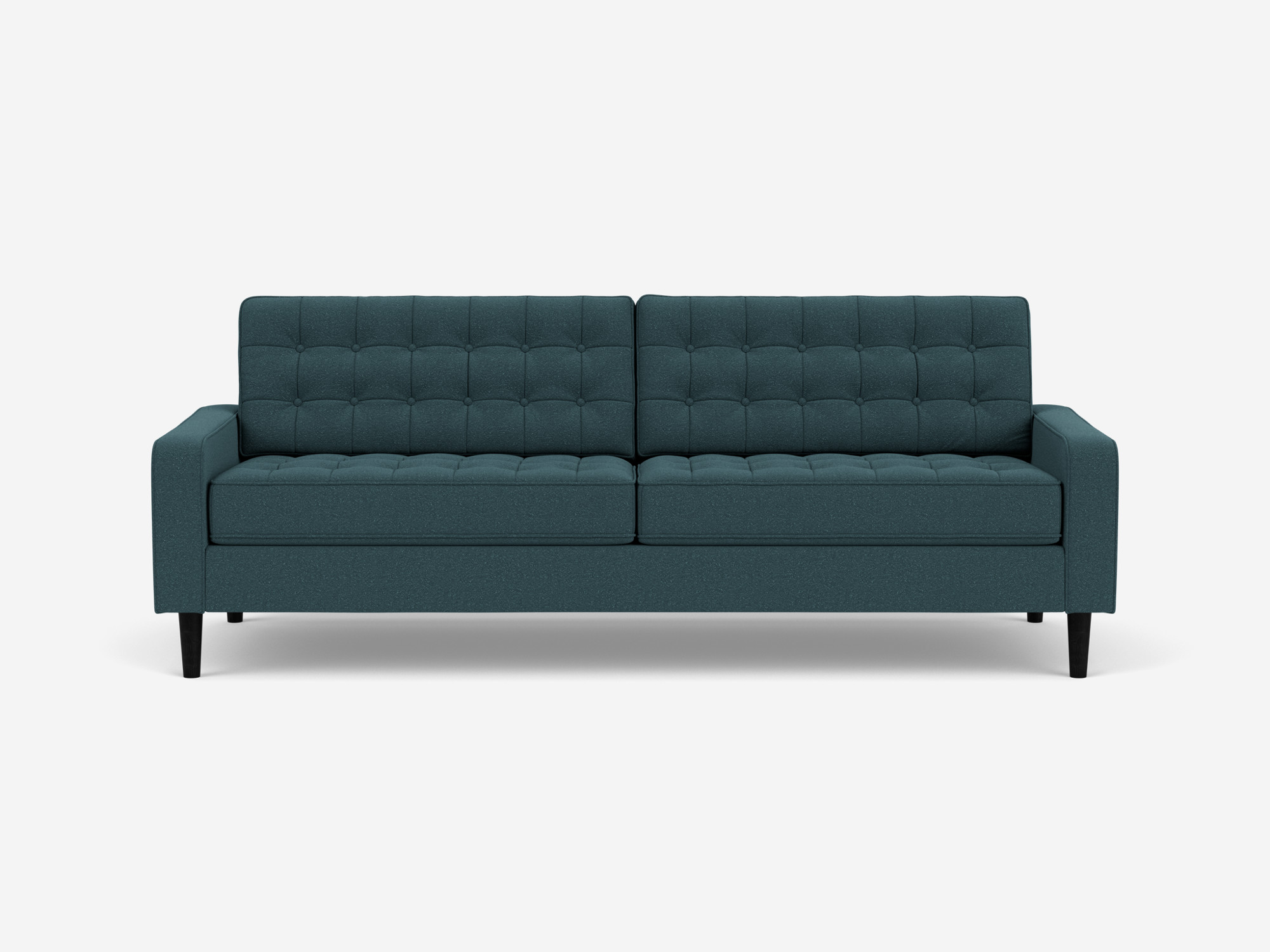 Front view of our mid century modern sofa, the Reverie 86", upholstered in blue fabric